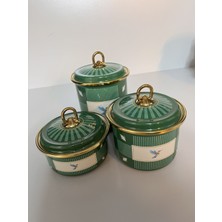 Gold Detaylı Kuş Figürlü 3'lü Emaye Saklama ve Baharat Kavanoz Seti - Zümrüt Yeşili