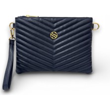 Sanmorris Kadın Suni Deri Ayarlanabilir Çapraz ve El Askılı Lacivert Renkli Portföy, Clutch Çanta