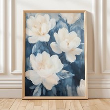 Ninastore Beyaz Çiçekli Duvar Sanatı Mavi Botanik Baskı Modern Şakayık Çiçeği Tablosu Zarif Doğa Sanatı Minima