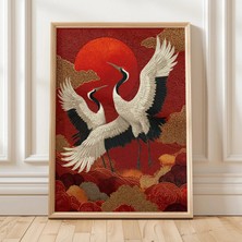 Ninastore Japon Turnası Duvar Sanatı Kırmızı Güneş Asya Kuşu Baskısı Oryantal Dekor Zen Duvar Sanatı Japon Dek