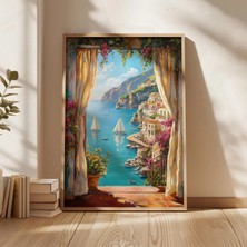 Ninastore Akdeniz Kıyısı Pencere Manzarası Duvar Sanatı Italya Amalfi Baskısı Deniz Kenarı Balkon Okyanus Tabl