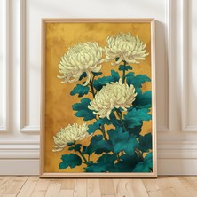Ninastore Beyaz Krizantem Duvar Sanatı Zarif Çiçek Baskısı Japon Tarzı Botanik Sanat Eseri Vintage Esintili Çi