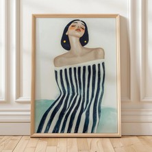 Ninastore Çizgili Hayalperest Yumuşak Beyaz Lacivert Sanat Posteri Retro Tuhaf Illüstrasyon Modern Figüratif B