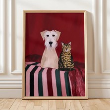 Ninastore Köpek ve Kedi Duvar Sanatı Sevimli Hayvan Baskısı Kırmızı Dekor Evcil Hayvan Sanatı Neşeli Poster Mo