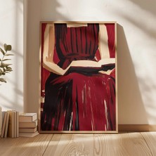 Ninastore Zarif Kadın Kitap Okuyor Sanat Baskısı Koyu Kırmızı Tablo Minimalist Kitap Sever Duvar Dekoru Modern