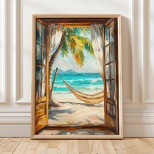 Ninastore Tropikal Plaj Pencere Duvar Sanatı Hamak Okyanus Manzarası Baskısı Sahil Palmiye Ağacı Posteri Yaz C