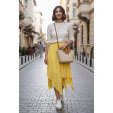 She Best Kadın Asimetrik Muz Krep Beli Lastikli Çift Katlı Rahat Kalıp Etek