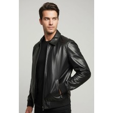 Deriderim Lucas Fermuarlı Siyah Erkek Hakiki Deri Bomber Mont