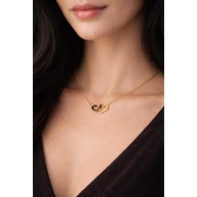 No Name Zirkon Çift Kalpli Desenli Gold Çelik Kolye