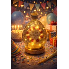 Seymen Bıçakçılık Happy Birthday Yazılı Cam Fanus LED Işık – Ahşap Tabanlı Doğum Günü Dekoru (1 Adet)