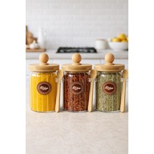Feyza Design Bambu Kapaklı Çizgili 3'lü Cam Saklama Kavanoz Set 600ML