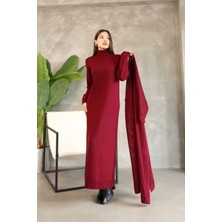 Vellichor Kadın Boğazlı Triko Elbise ve Uzun Hırka Ikili Takım-Bordo