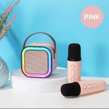 Cesicey Taşınabilir Çift Karaoke Mikrofonlu Hoparlör Kablosuz Bluetooth 5 Ses Efektli Pembe Renk
