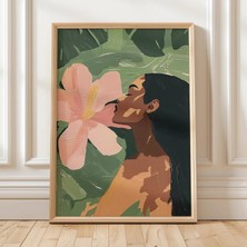 Ninastore Tropikal Kadın Çiçekli Sanat Baskısı – Yeşil ve Pembe Botanik Duvar Sanatı – Minimalist Kadın Portre