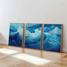 Ninastore Okyanus Dalgaları Duvar Sanatı 3'lü Set Mavi Deniz Dokusu Poster Modern Soyut Kıyı Üçlü Baskı Deniz