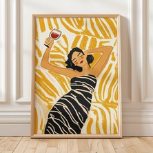 Ninastore Rahatlamış Şarap Içen Kadın Duvar Sanatı Baskısı, Kırmızı Şarap Kadehi ile Soyut Portre, Modern Ev B