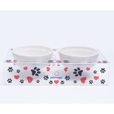 Petmagic Akrilik Pleksi Evcil Hayvan Beyaz Seramik Kaseli Kedi Mini Köpek Mama Su Kabı- Siyah Patili