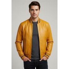 Deriderim Leo Sarı Beli ve Kolu Trikolu Fermuarlı Astarlı Erkek Hakiki Deri Mont