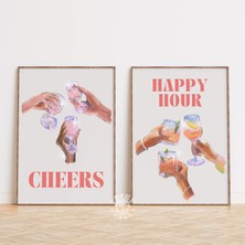 Ninastore Happy Hour Şerefe Baskı Seti (2 Adet) / Bar Arabası Sanat Baskı Seti / Trend Duvar Sanatı Baskıları