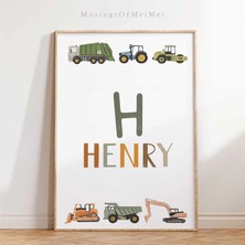 Ninastore Kişiselleştirilmiş Ulaşım Araçları Baskısı, Küçük Erkek Çocuk Odası Dekorasyonu / Eğlenceli Inşaat A