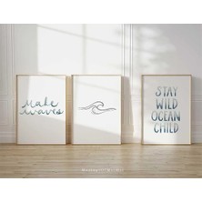 Ninastore Yazdırılabilir Duvar Sanatı / 3'lü Set / Dalga Çizgi Sanatı / Vahşi Kal Okyanus Çocuğu / Sahil Dekor