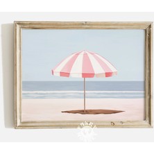 Ninastore Retro Plaj Şemsiyesi Baskısı/ Kız Çocuk Odası Estetiği/ Pembe Çizgili Şemsiye Tablosu/ Plaj Temalı Ç