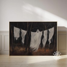 Ninastore Cadılar Bayramı Duvar Sanatı/ Hayalet Baskısı/ Yazdırılabilir Rustik Tablo/ Çamaşır Ipinde Sevimli H