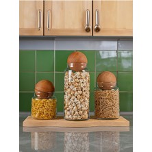 Feyza Design 3'lü Ahşap Top Kapaklı Cam Kavanoz Seti, Saklama ve Baharatlık Alternatifi