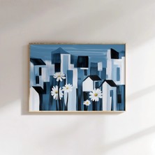 Ninastore Daisy Cityscape Sanat Baskısı: Mavi Beyaz Çiçekli Kentsel Manzara (Dijital Indirme)