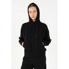 Maraton Oversize Kadın Kapüşonlu  Siyah Sweatshirt
