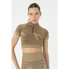 Maraton Slimfit Kadın Bisiklet Yaka  Vizon Crop Top