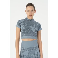 Maraton Slimfit Kadın Bisiklet Yaka  Mavi Crop Top