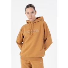 Maraton Oversize Kadın Kapüşonlu  Karamel Sweatshirt