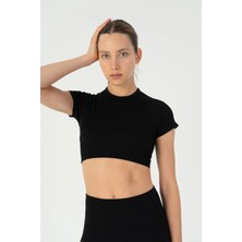 Maraton SlimFit Kadın Bisiklet Yaka  Siyah Crop Top