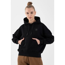 Maraton Oversize Kadın Kapüşonlu  Siyah Sweatshirt