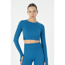 Maraton Slimfit Kadın Bisiklet Yaka  Turkuaz Crop Top