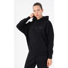 Maraton Oversize Kadın Kapüşonlu  Siyah Sweatshirt