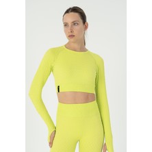 Maraton SlimFit Kadın Bisiklet Yaka  Neon Yeşil Crop Top