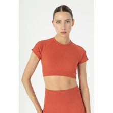 Maraton SlimFit Kadın Bisiklet Yaka  Kiremit Crop Top