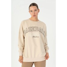 Maraton Oversize Kadın Bisiklet Yaka  Bej- Sweatshirt