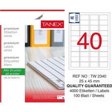 Tanex TW-2340 25X45 mm Inkjet / Laser A4 Etiket Yetkili Satıcı (100 Adet)
