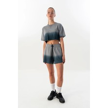 Maraton Comfort Kadın Bisiklet Yaka  Gri Crop Top