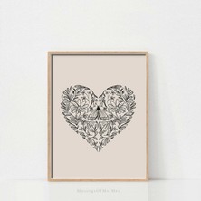 Ninastore Çiçekli Kalp Duvar Sanatı Baskısı/ Yazdırılabilir Duvar Sanatı/ Botanik Çizgi Sanatı Illüstrasyonu/