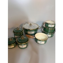 Gold Detaylı Kuş Figürlü 8 Parça Emaye Mutfak Seti - Zümrüt Yeşili Premium Seri