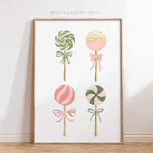 Ninastore Çocuk Odası Için Pastel Lolipop Duvar Sanatı Baskısı / Kurdeleli Sevimli Şeker Temalı Bebek Odası De