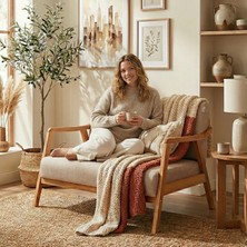 Sevilla Bohem Ikili Kanepe Natürel Ahşap, Sütlü Kahve