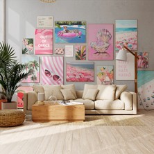 Ninastore Sahil Temalı 17 Parçalı Baskı Seti / Pembe Şık Yaz Duvar Sanatı / Sahil Temalı Torun Odası Dekorasyo