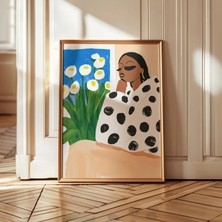 Ninastore Çiçekli Kadın Portresi Baskısı: Puantiyeli Sanat/ Mavi Yeşil Dekor (Dijital Indirme)