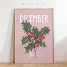 Ninastore Aralık Ayı Doğum Çiçeği: Holly Baskılı Duvar Sanatı / Noel Botanik Baskısı / Çocuk Odası Için Tatil