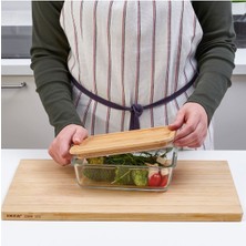 Feyza Design Dikdörtgen Bambu Kapaklı Cam Saklama Kabı 1 Litre, Vakumlu, 21X15X7 cm